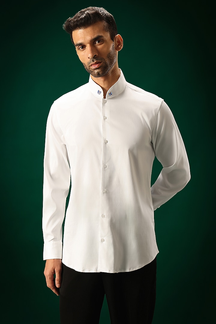 White Cotton Satin Stone Hand Embroidered Party Wear Shirt by Komal Kothari at Pernia's Pop Up Shop