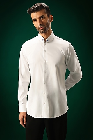 White Cotton Satin Stone Hand Embroidered Shirt by Komal Kothari