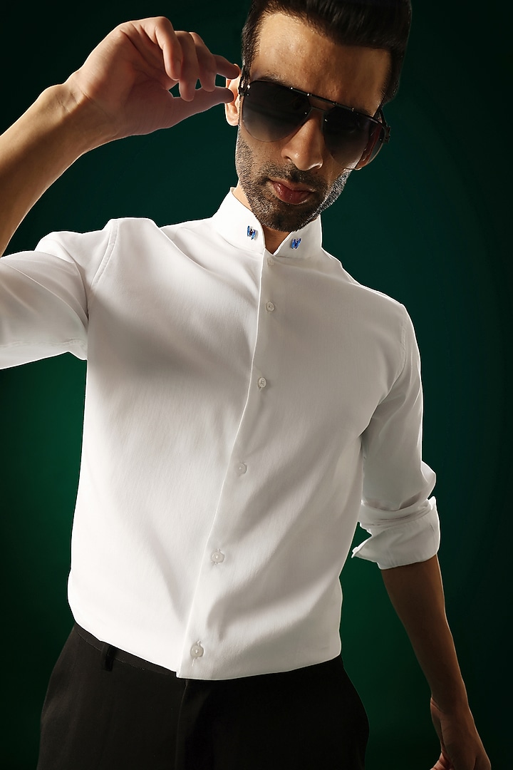 White Cotton Satin Stone Hand Embroidered Party Wear Shirt by Komal Kothari at Pernia's Pop Up Shop