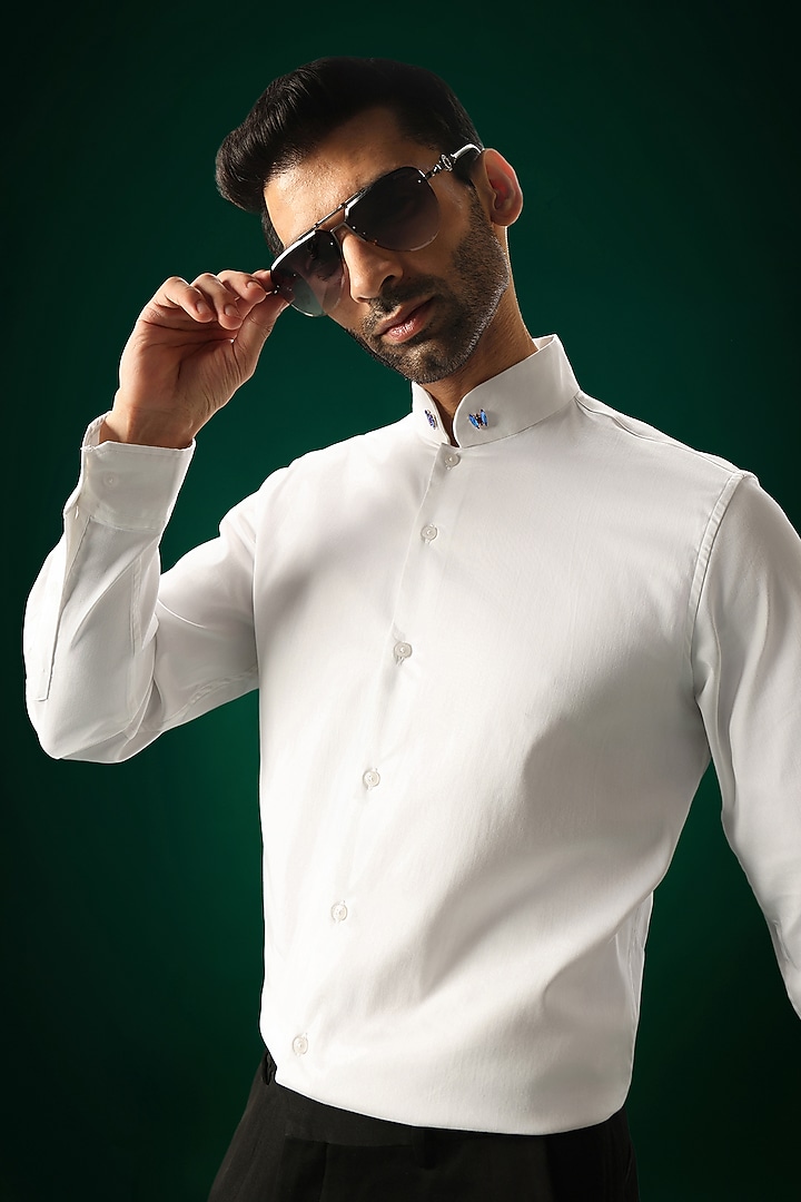 White Cotton Satin Stone Hand Embroidered Party Wear Shirt by Komal Kothari at Pernia's Pop Up Shop