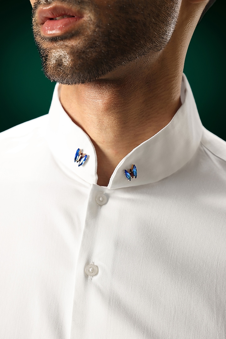 White Cotton Satin Stone Hand Embroidered Party Wear Shirt by Komal Kothari at Pernia's Pop Up Shop