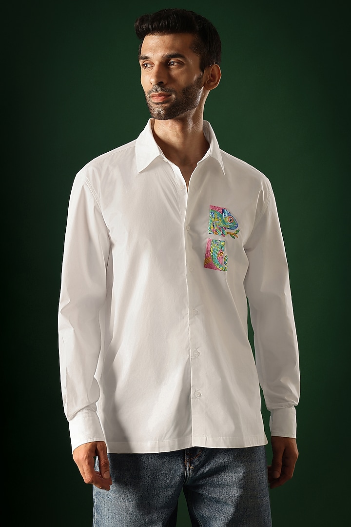 White Poplin & Cotton Hand Embroidered Party Wear Shirt by Komal Kothari at Pernia's Pop Up Shop