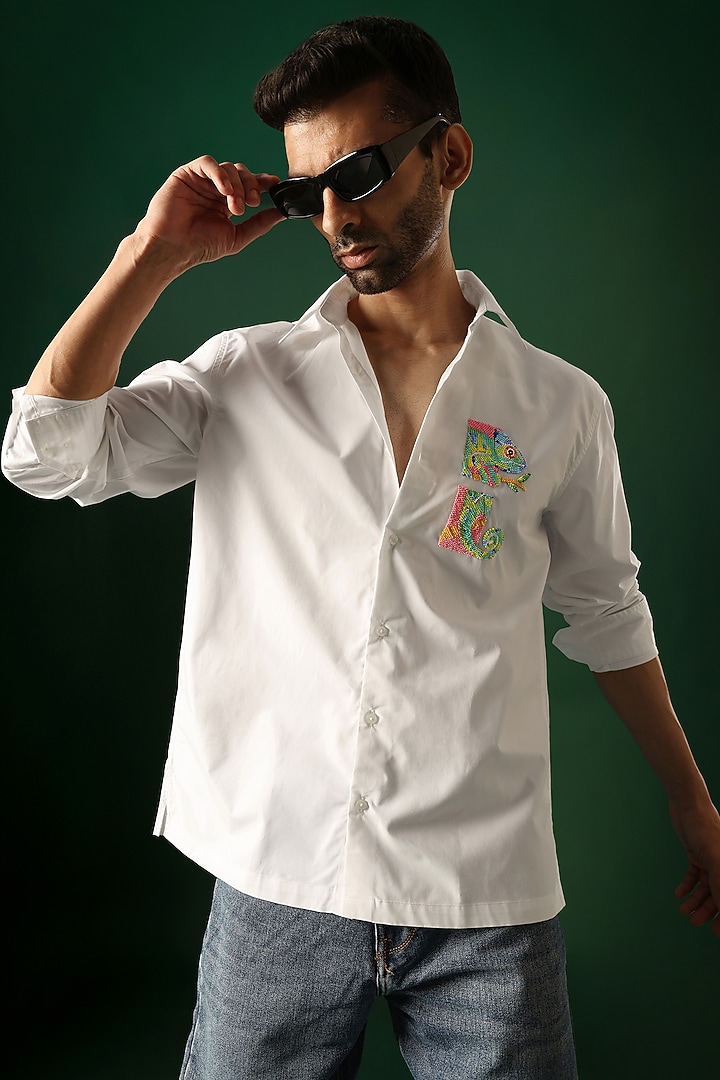 White Poplin & Cotton Hand Embroidered Party Wear Shirt by Komal Kothari at Pernia's Pop Up Shop