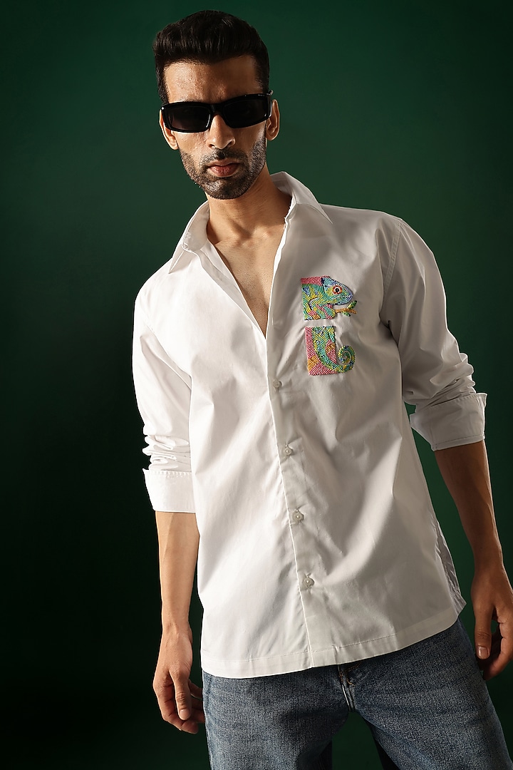 White Poplin & Cotton Hand Embroidered Party Wear Shirt by Komal Kothari at Pernia's Pop Up Shop