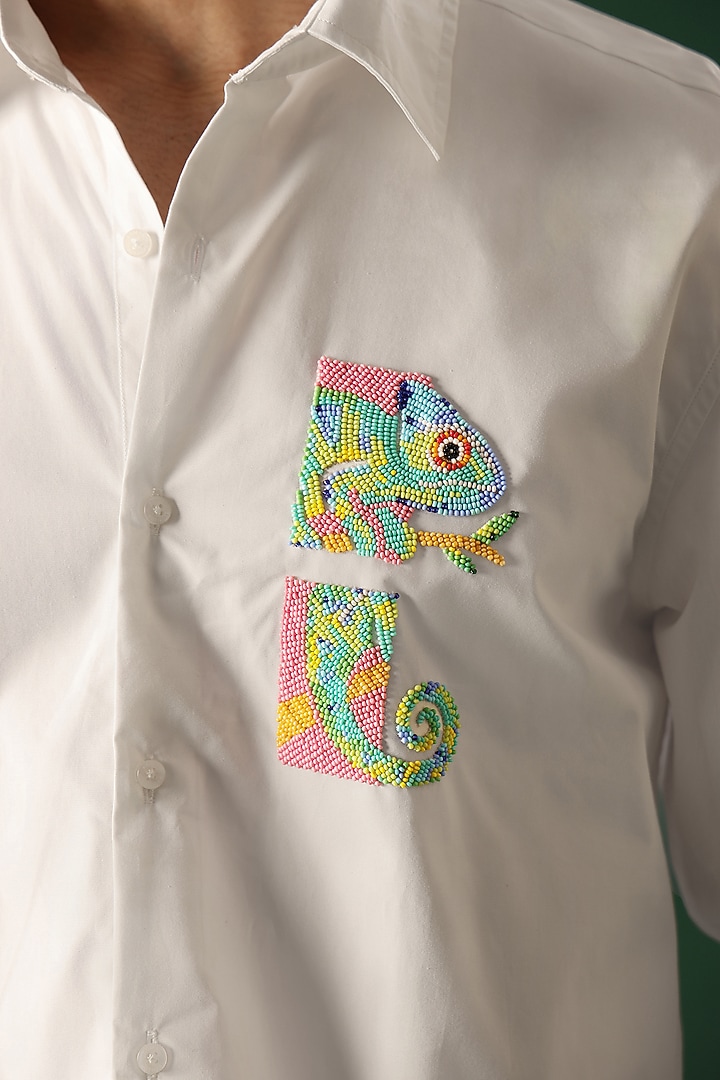 White Poplin & Cotton Hand Embroidered Party Wear Shirt by Komal Kothari at Pernia's Pop Up Shop