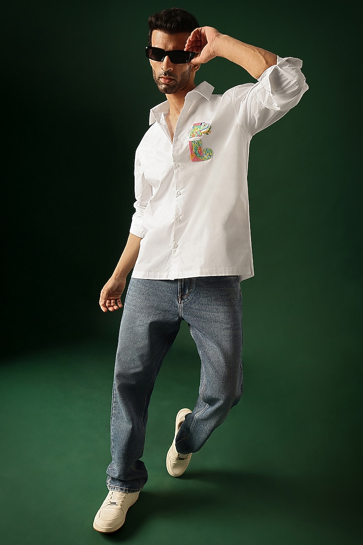 White Poplin & Cotton Hand Embroidered Party Wear Shirt by Komal Kothari at Pernia's Pop Up Shop