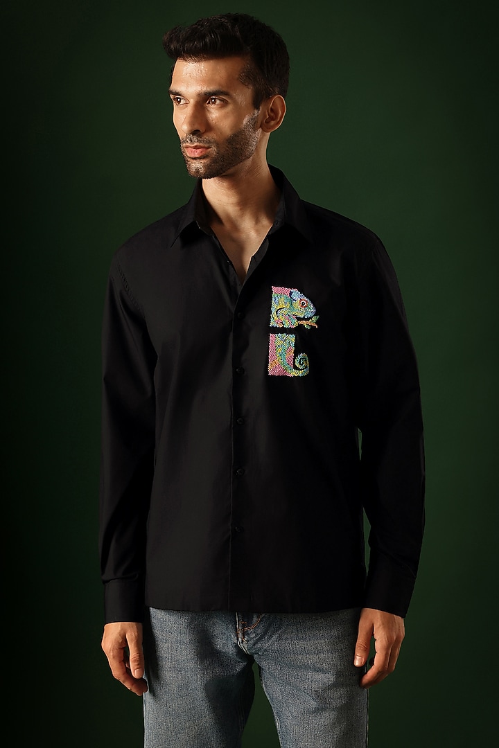 Black Poplin & Cotton Hand Embroidered Party Wear Shirt by Komal Kothari at Pernia's Pop Up Shop