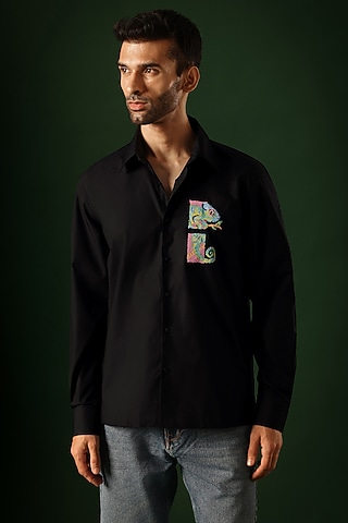 Black Poplin & Cotton Hand Embroidered Shirt by Komal Kothari