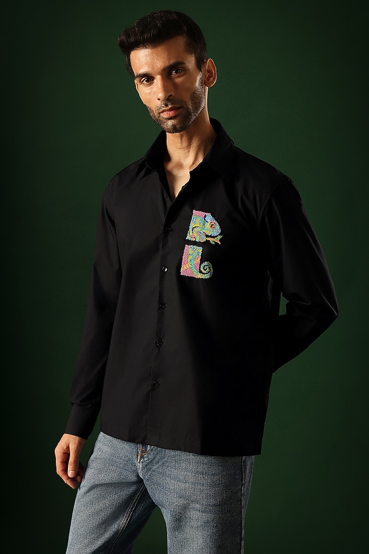 Black Poplin & Cotton Hand Embroidered Party Wear Shirt by Komal Kothari at Pernia's Pop Up Shop