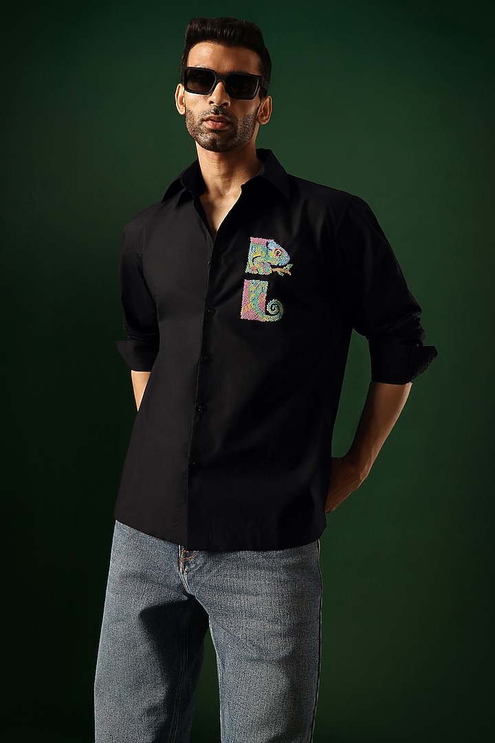 Black Poplin & Cotton Hand Embroidered Party Wear Shirt by Komal Kothari at Pernia's Pop Up Shop
