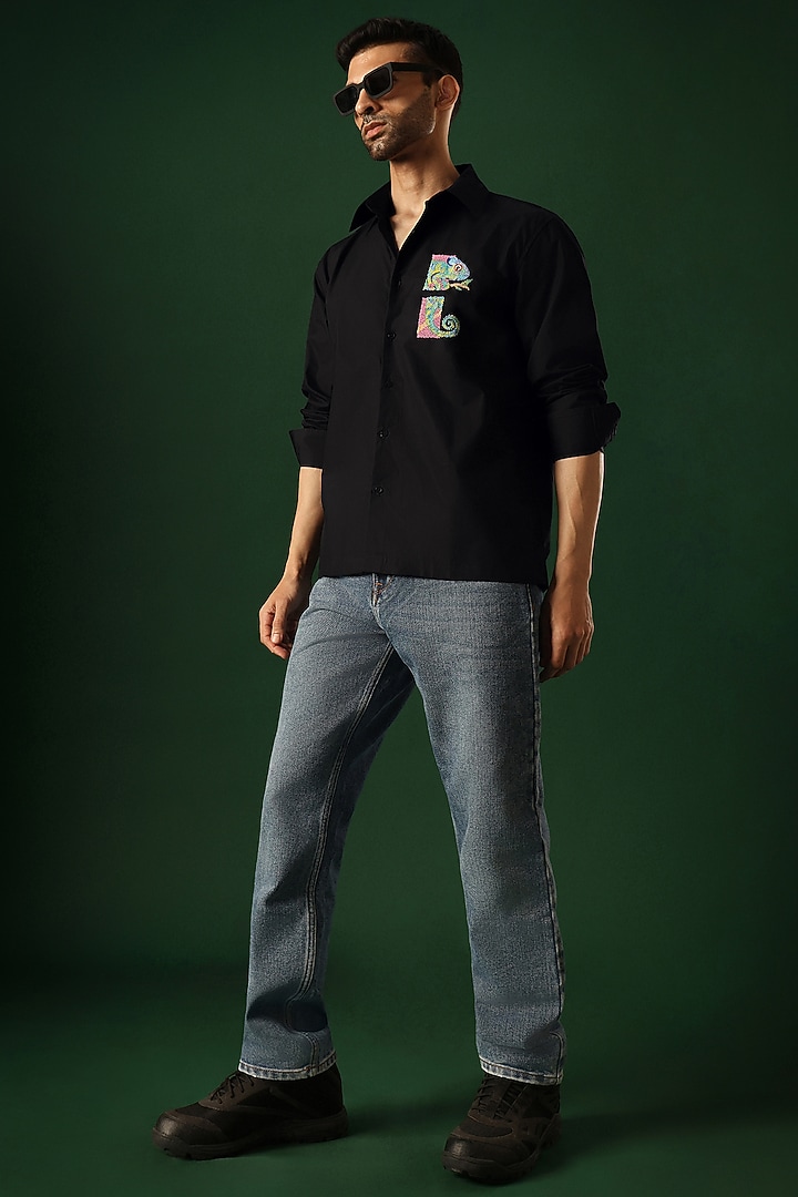 Black Poplin & Cotton Hand Embroidered Party Wear Shirt by Komal Kothari at Pernia's Pop Up Shop