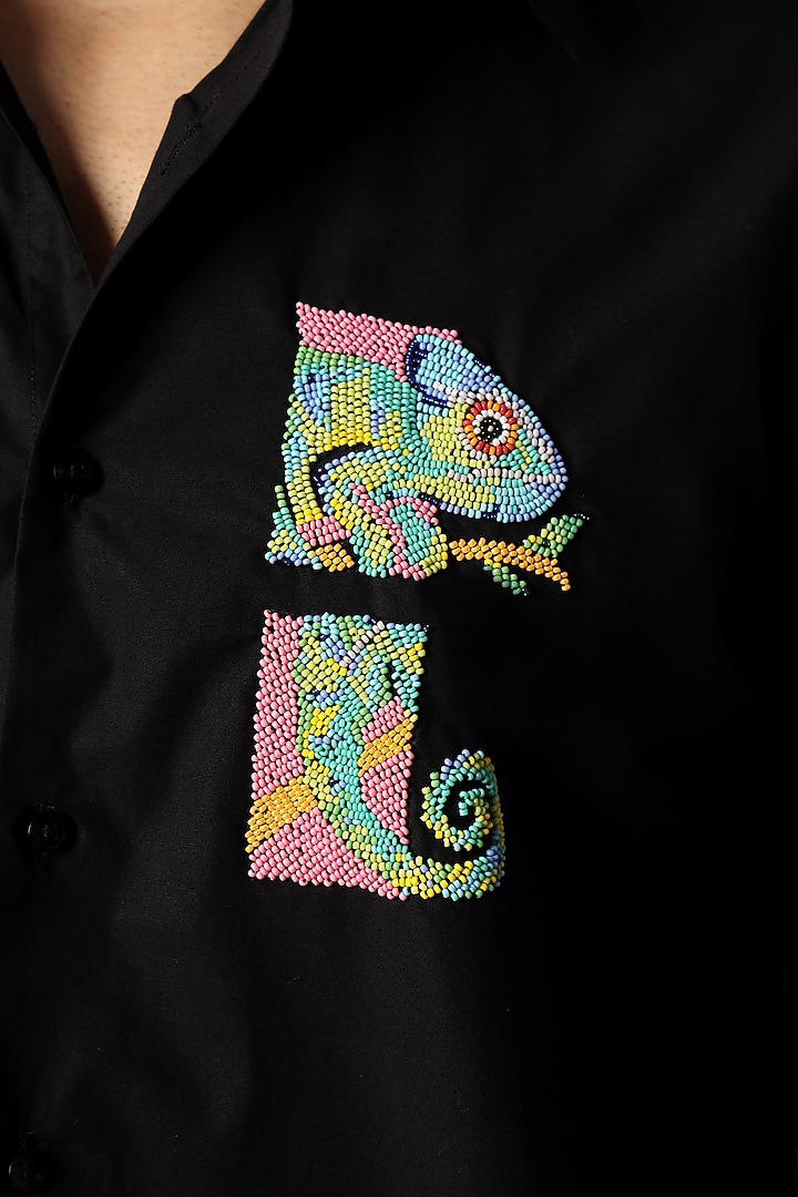 Black Poplin & Cotton Hand Embroidered Party Wear Shirt by Komal Kothari at Pernia's Pop Up Shop