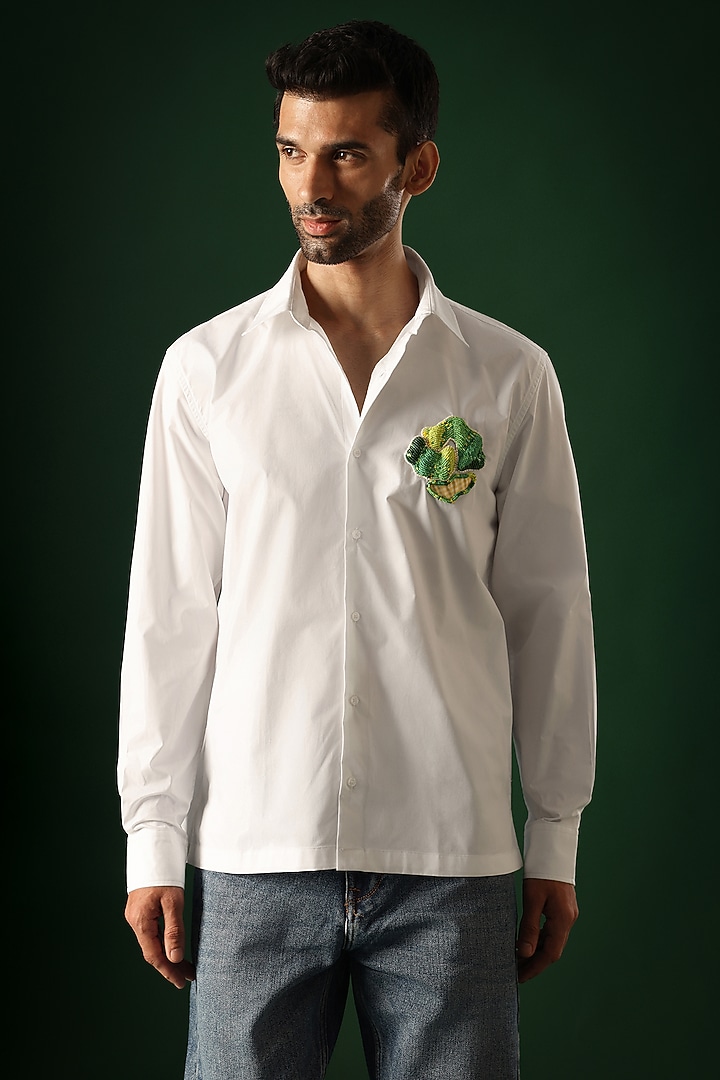 White Poplin & Cotton Hand Embroidered Party Wear Shirt by Komal Kothari at Pernia's Pop Up Shop
