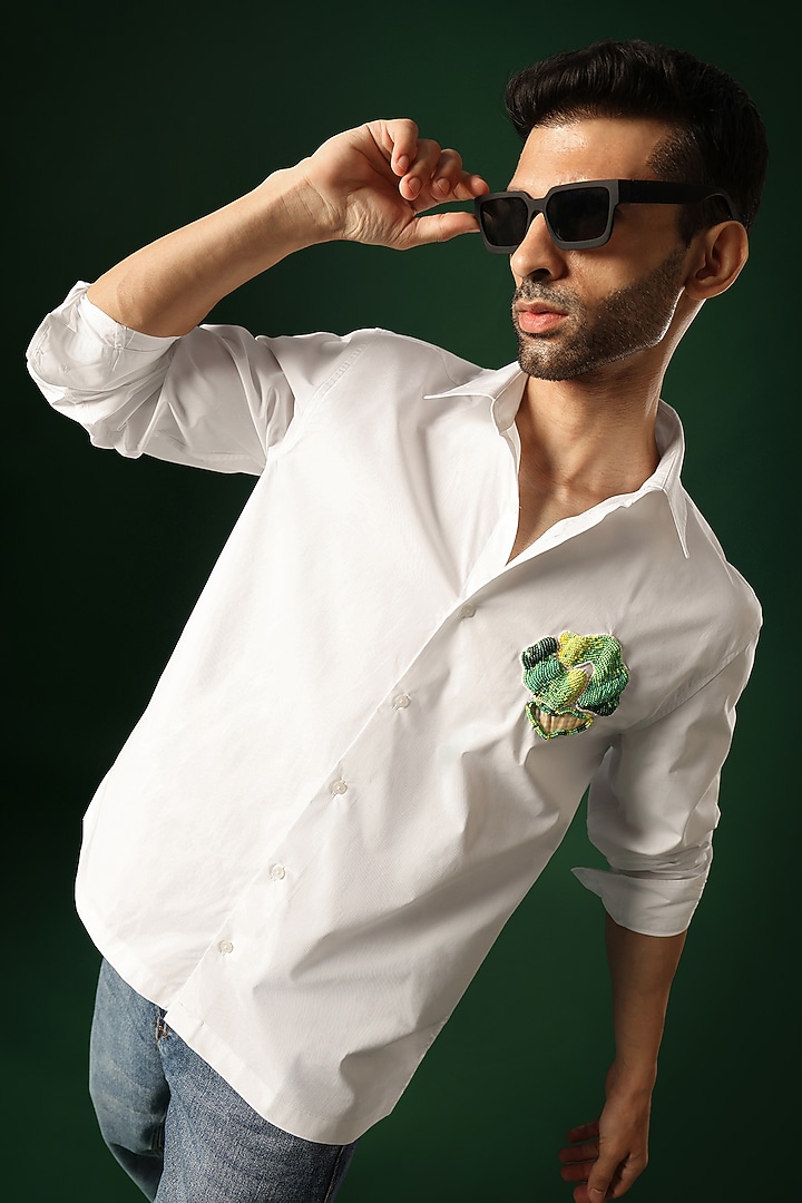 White Poplin & Cotton Hand Embroidered Party Wear Shirt by Komal Kothari at Pernia's Pop Up Shop