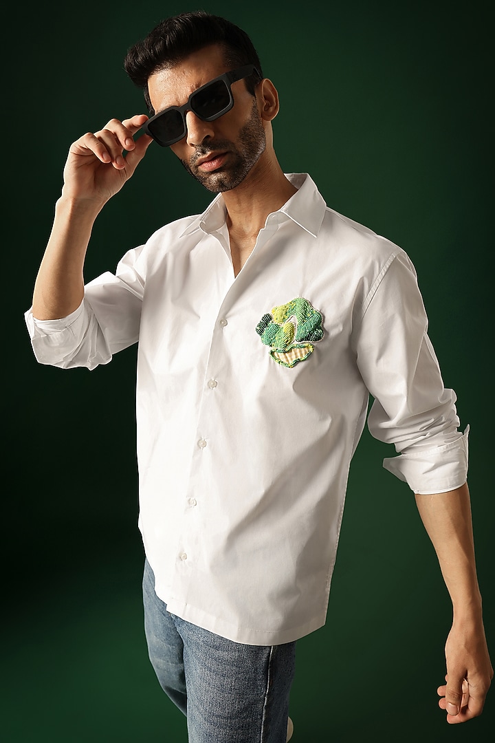 White Poplin & Cotton Hand Embroidered Party Wear Shirt by Komal Kothari at Pernia's Pop Up Shop