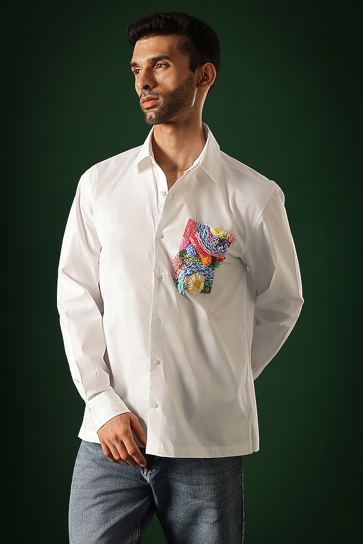 White Poplin & Cotton Hand Embroidered Party Wear Shirt by Komal Kothari at Pernia's Pop Up Shop