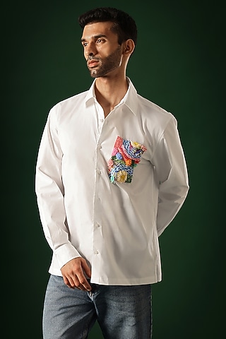 White Poplin & Cotton Hand Embroidered Shirt by Komal Kothari