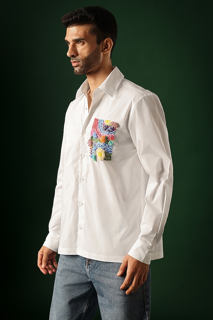 White Poplin & Cotton Hand Embroidered Party Wear Shirt by Komal Kothari at Pernia's Pop Up Shop