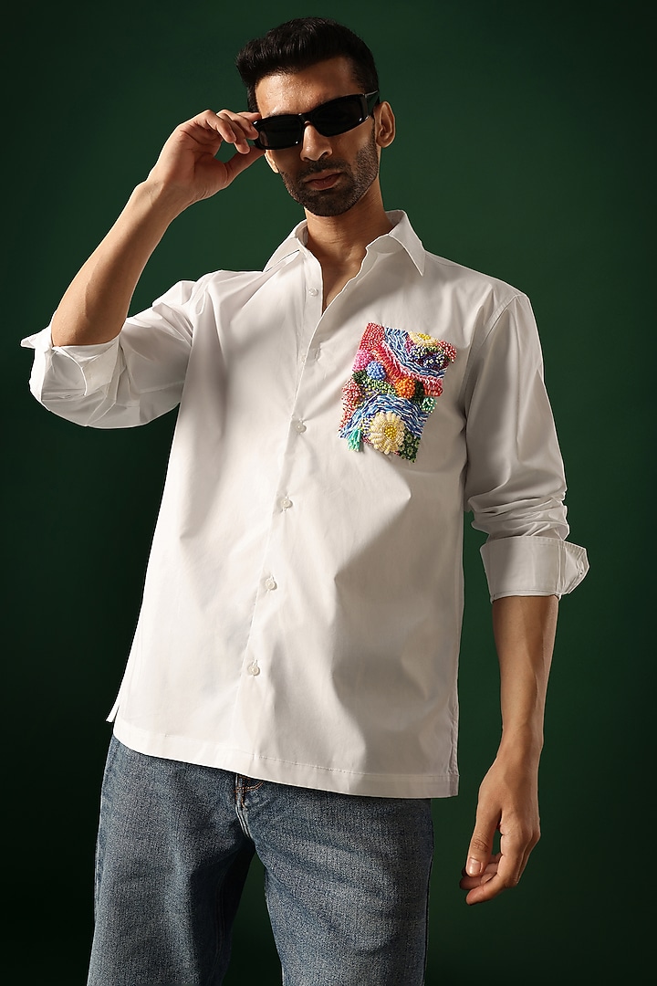 White Poplin & Cotton Hand Embroidered Party Wear Shirt by Komal Kothari at Pernia's Pop Up Shop
