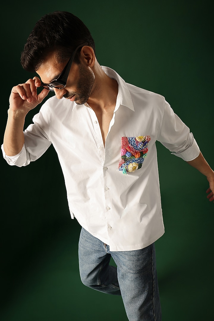 White Poplin & Cotton Hand Embroidered Party Wear Shirt by Komal Kothari at Pernia's Pop Up Shop