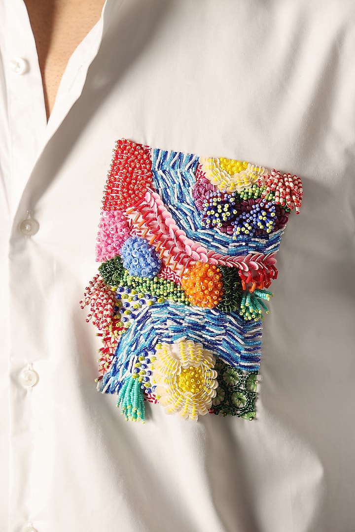 White Poplin & Cotton Hand Embroidered Party Wear Shirt by Komal Kothari at Pernia's Pop Up Shop
