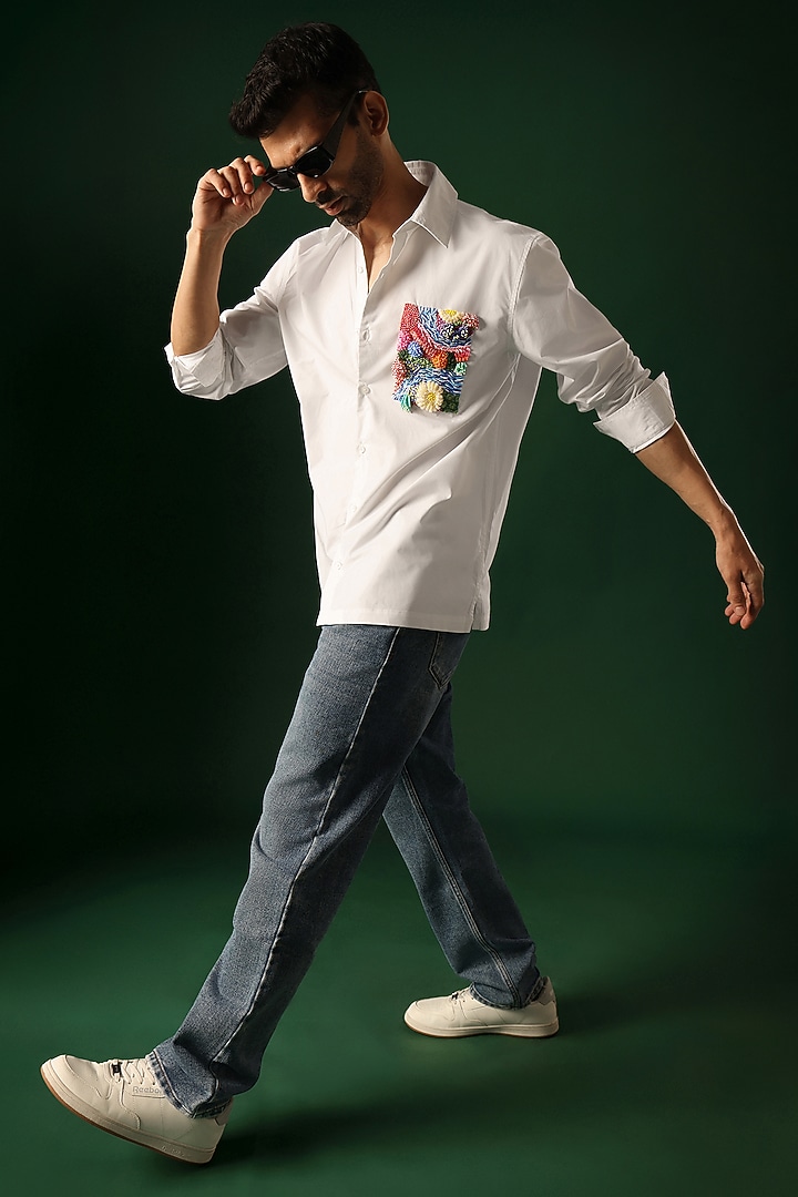 White Poplin & Cotton Hand Embroidered Party Wear Shirt by Komal Kothari at Pernia's Pop Up Shop