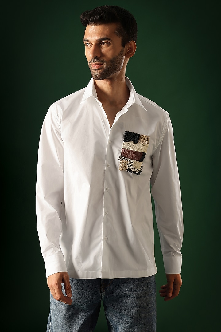 White Poplin & Cotton Hand Embroidered Party Wear Shirt by Komal Kothari at Pernia's Pop Up Shop