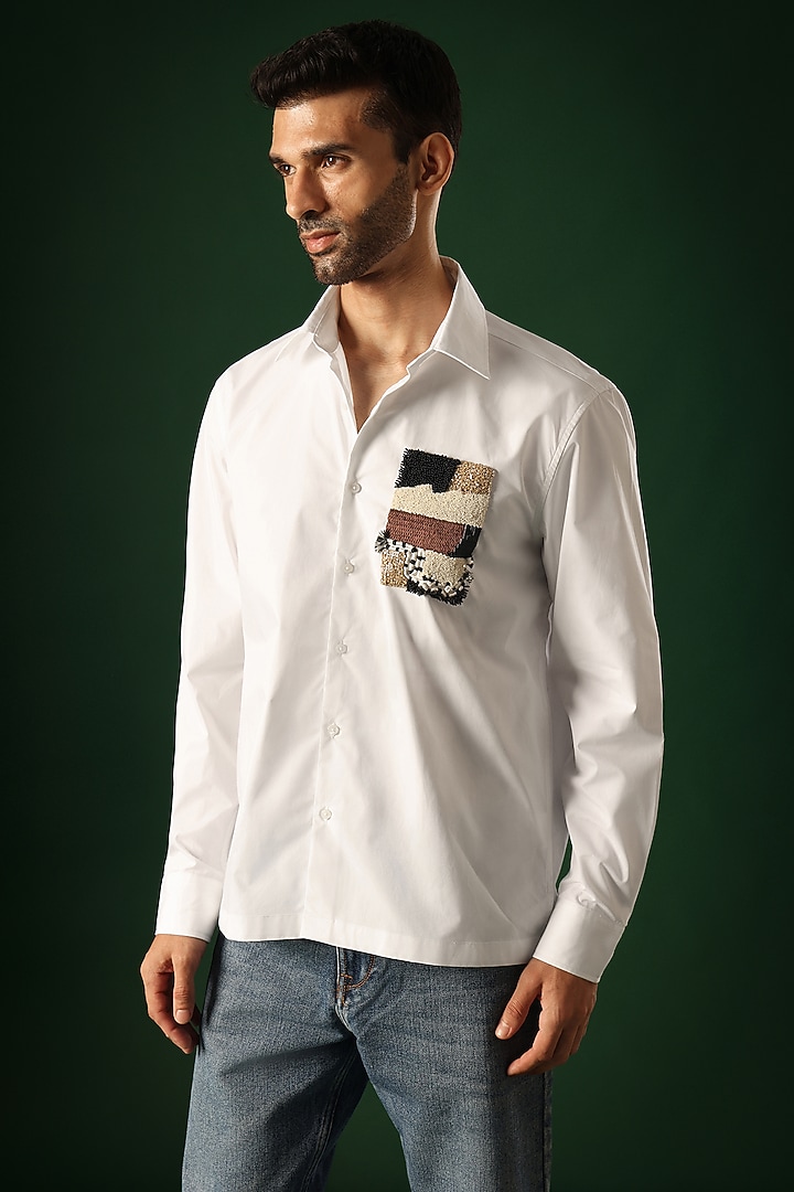 White Poplin & Cotton Hand Embroidered Party Wear Shirt by Komal Kothari at Pernia's Pop Up Shop