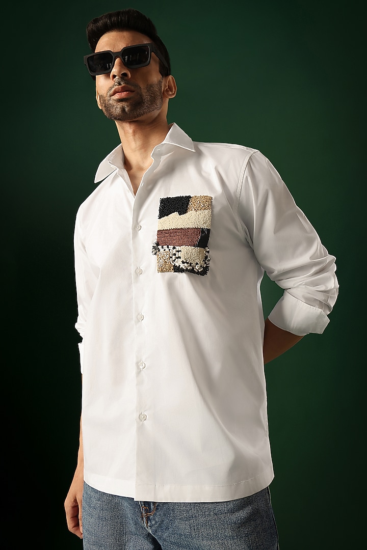 White Poplin & Cotton Hand Embroidered Party Wear Shirt by Komal Kothari at Pernia's Pop Up Shop