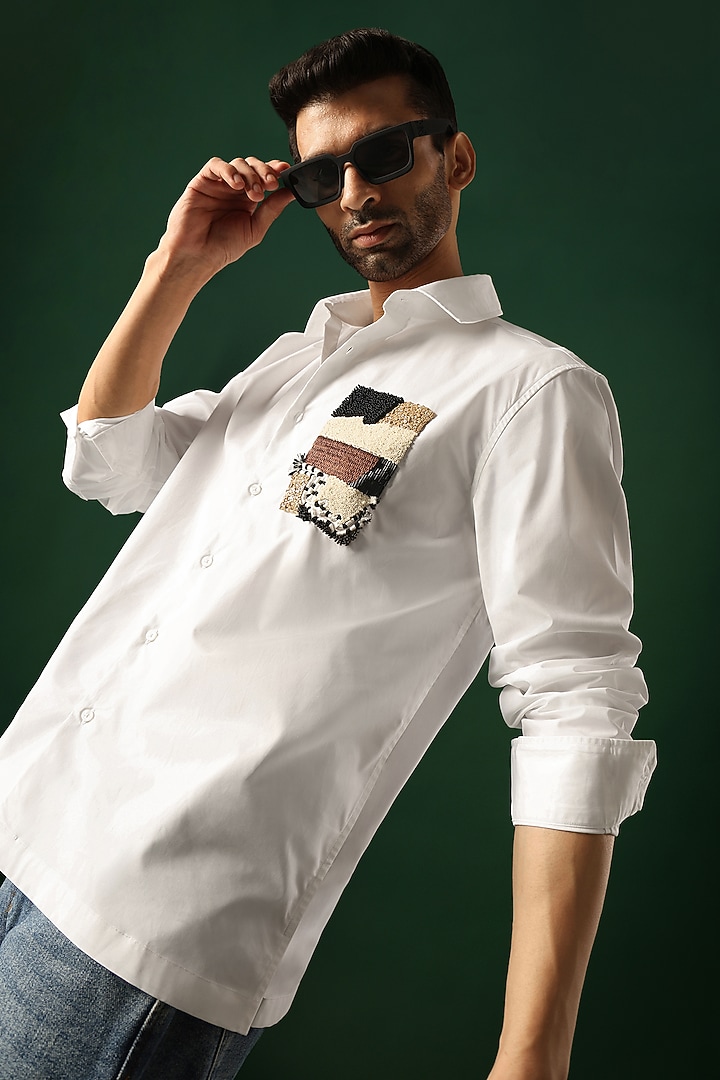 White Poplin & Cotton Hand Embroidered Party Wear Shirt by Komal Kothari at Pernia's Pop Up Shop