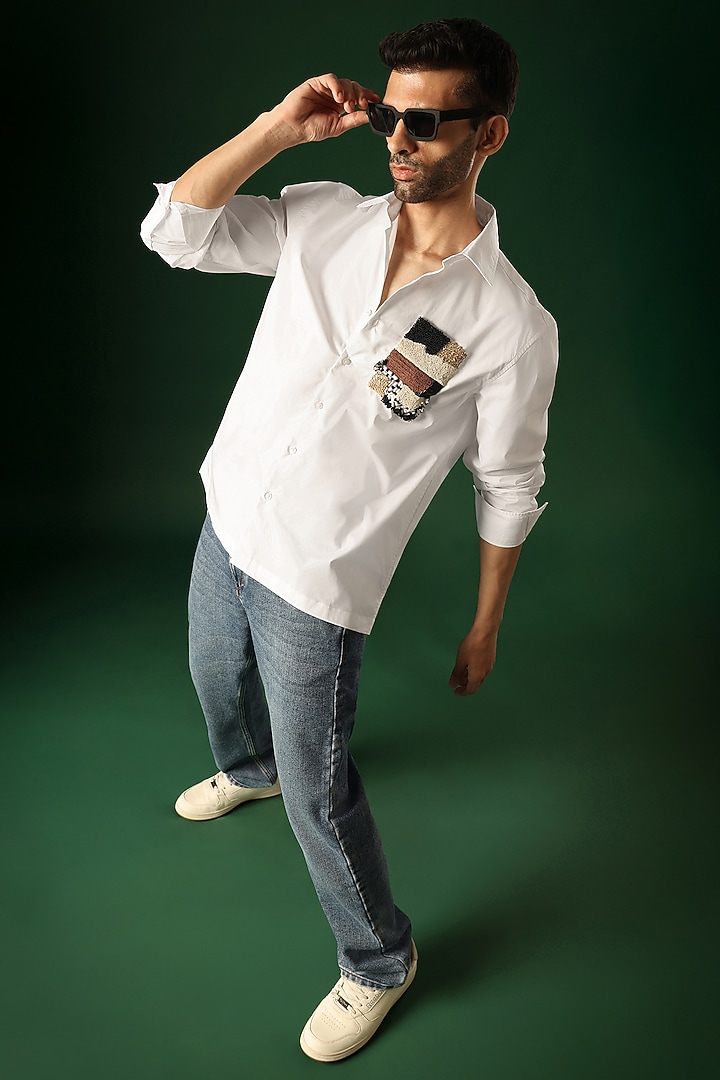 White Poplin & Cotton Hand Embroidered Party Wear Shirt by Komal Kothari at Pernia's Pop Up Shop