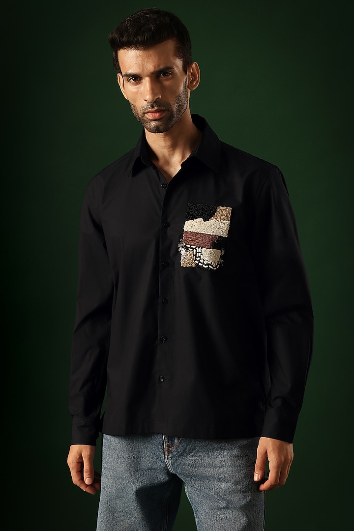 Black Poplin & Cotton Hand Embroidered Party Wear Shirt by Komal Kothari at Pernia's Pop Up Shop