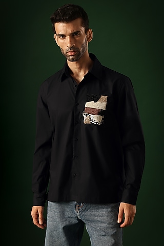 Black Poplin & Cotton Hand Embroidered Shirt by Komal Kothari