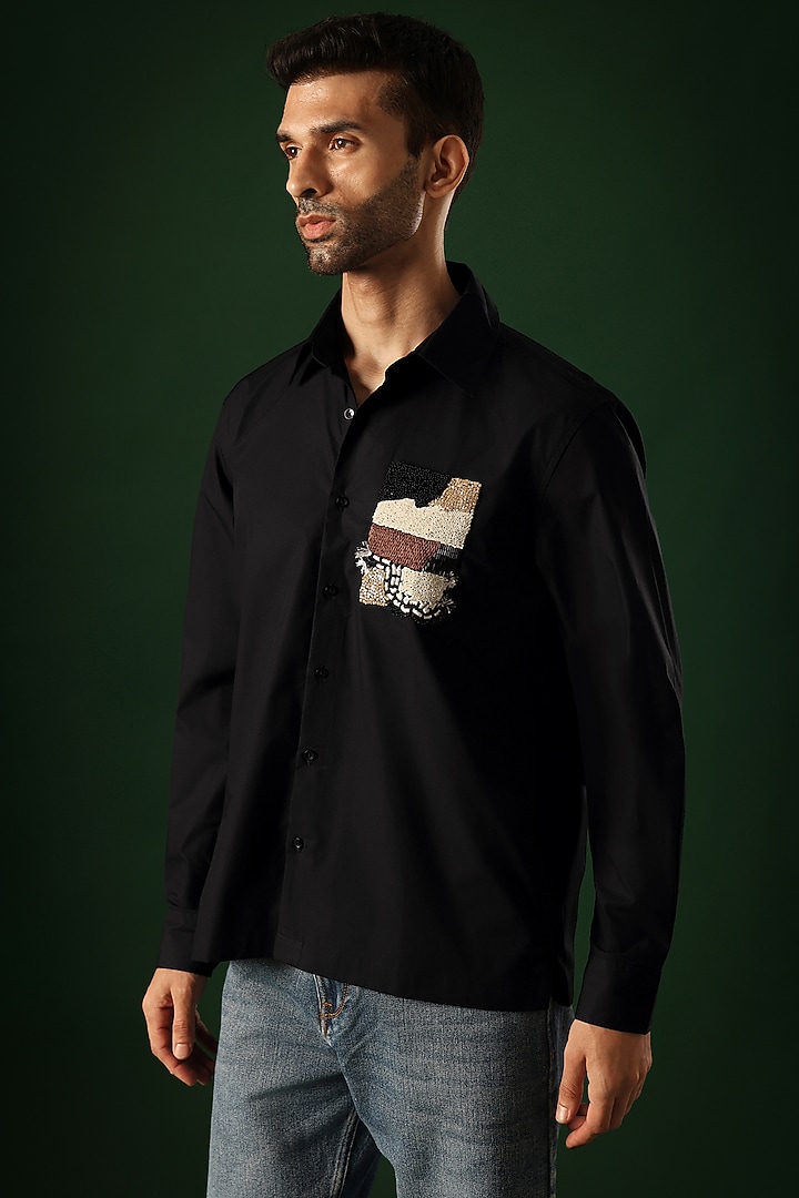 Black Poplin & Cotton Hand Embroidered Party Wear Shirt by Komal Kothari at Pernia's Pop Up Shop