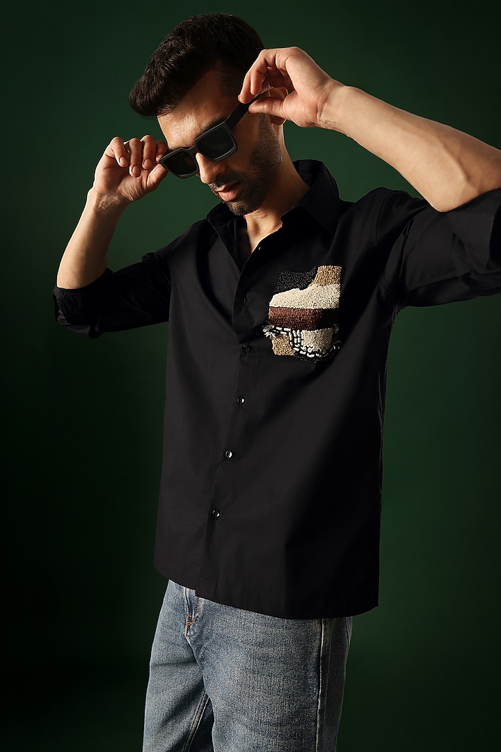 Black Poplin & Cotton Hand Embroidered Party Wear Shirt by Komal Kothari at Pernia's Pop Up Shop