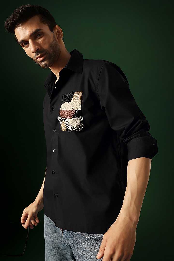 Black Poplin & Cotton Hand Embroidered Party Wear Shirt by Komal Kothari at Pernia's Pop Up Shop