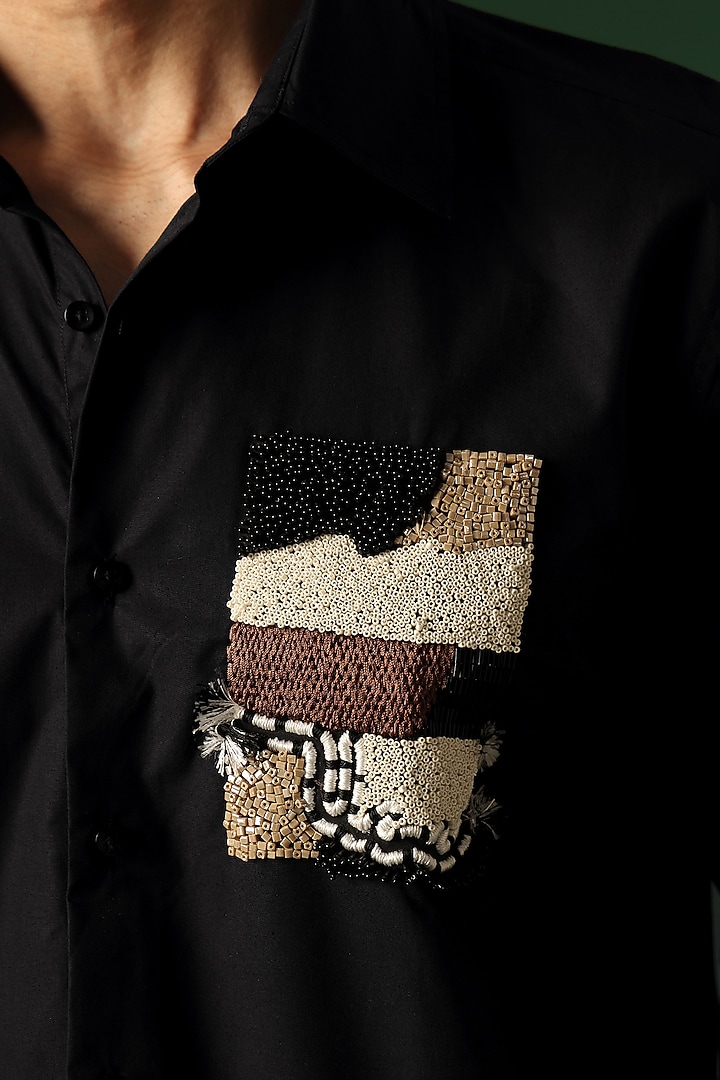 Black Poplin & Cotton Hand Embroidered Party Wear Shirt by Komal Kothari at Pernia's Pop Up Shop
