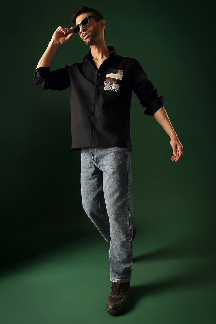 Black Poplin & Cotton Hand Embroidered Party Wear Shirt by Komal Kothari at Pernia's Pop Up Shop
