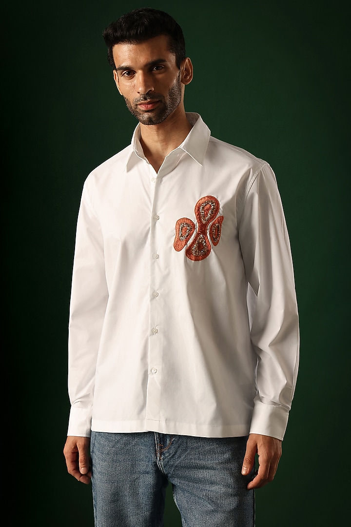 White Poplin & Cotton Hand Embroidered Party Wear Shirt by Komal Kothari at Pernia's Pop Up Shop