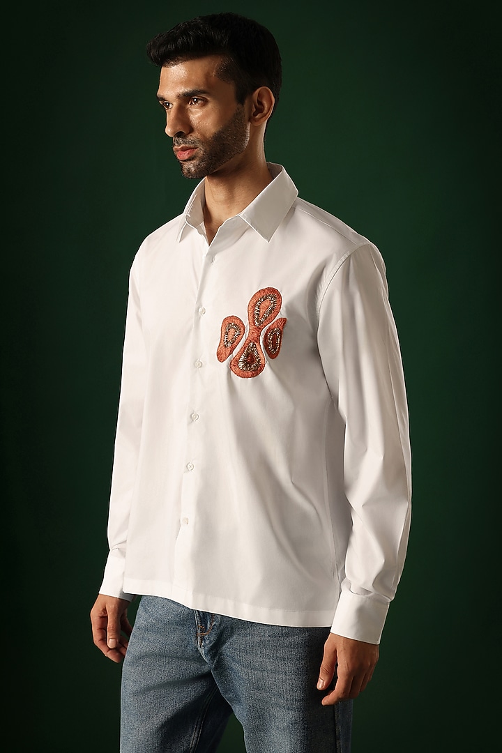 White Poplin & Cotton Hand Embroidered Party Wear Shirt by Komal Kothari at Pernia's Pop Up Shop