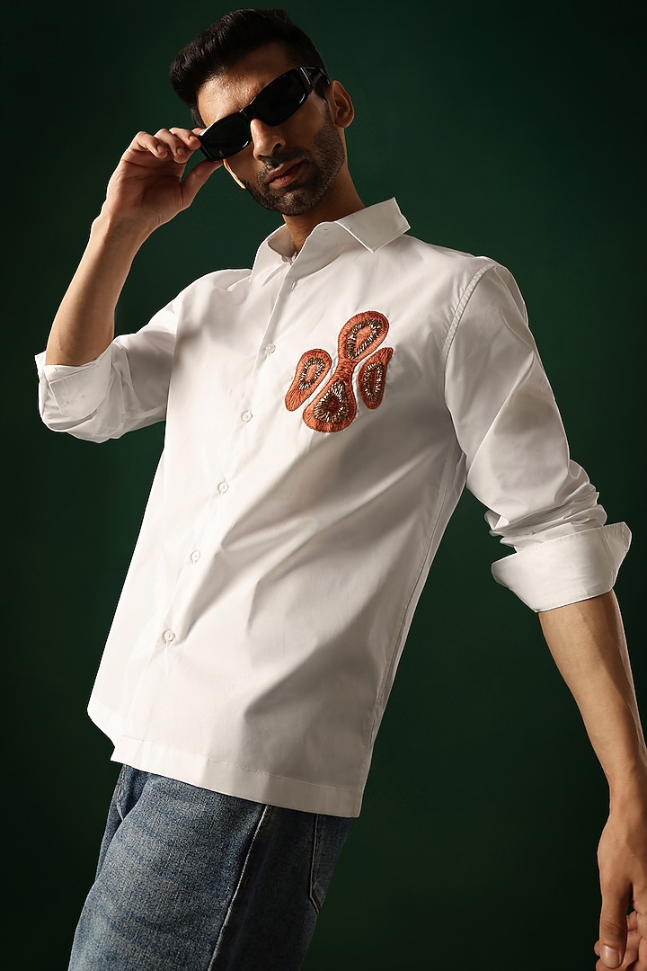 White Poplin & Cotton Hand Embroidered Party Wear Shirt by Komal Kothari at Pernia's Pop Up Shop