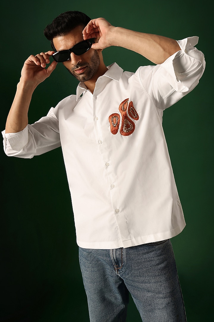 White Poplin & Cotton Hand Embroidered Party Wear Shirt by Komal Kothari at Pernia's Pop Up Shop