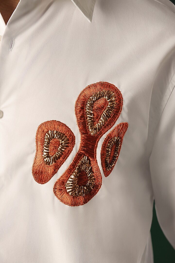 White Poplin & Cotton Hand Embroidered Party Wear Shirt by Komal Kothari at Pernia's Pop Up Shop