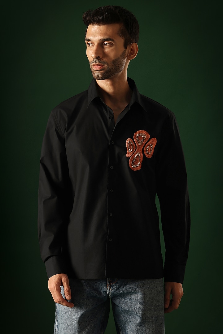 Black Poplin & Cotton Hand Embroidered Party Wear Shirt by Komal Kothari at Pernia's Pop Up Shop