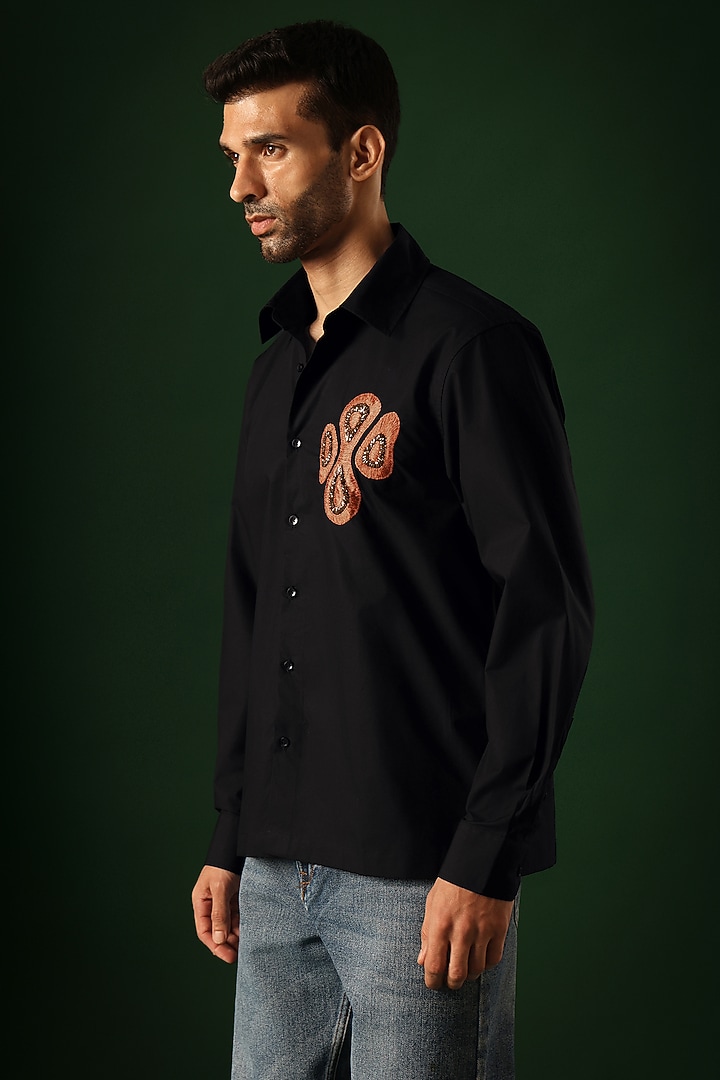 Black Poplin & Cotton Hand Embroidered Party Wear Shirt by Komal Kothari at Pernia's Pop Up Shop