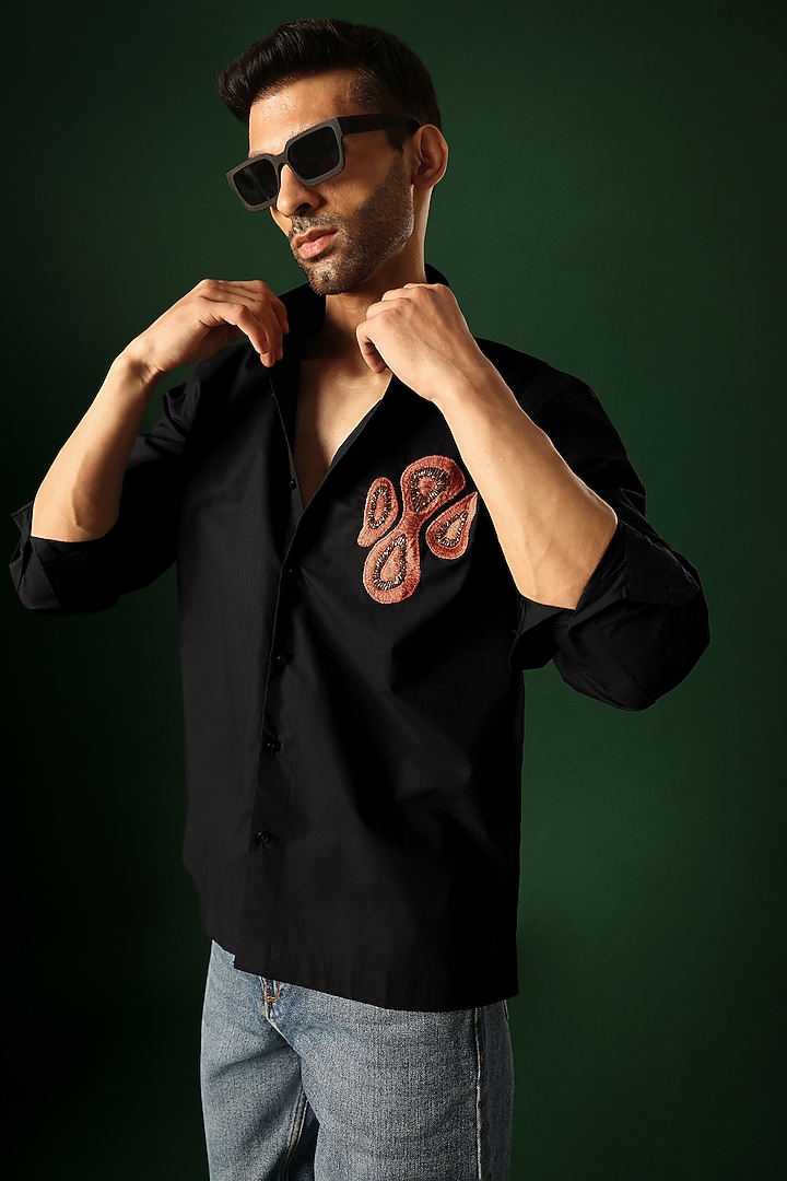 Black Poplin & Cotton Hand Embroidered Party Wear Shirt by Komal Kothari at Pernia's Pop Up Shop