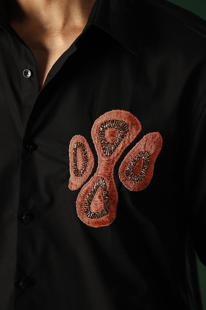 Black Poplin & Cotton Hand Embroidered Party Wear Shirt by Komal Kothari at Pernia's Pop Up Shop