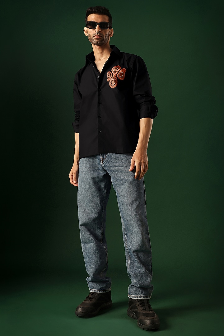 Black Poplin & Cotton Hand Embroidered Party Wear Shirt by Komal Kothari at Pernia's Pop Up Shop