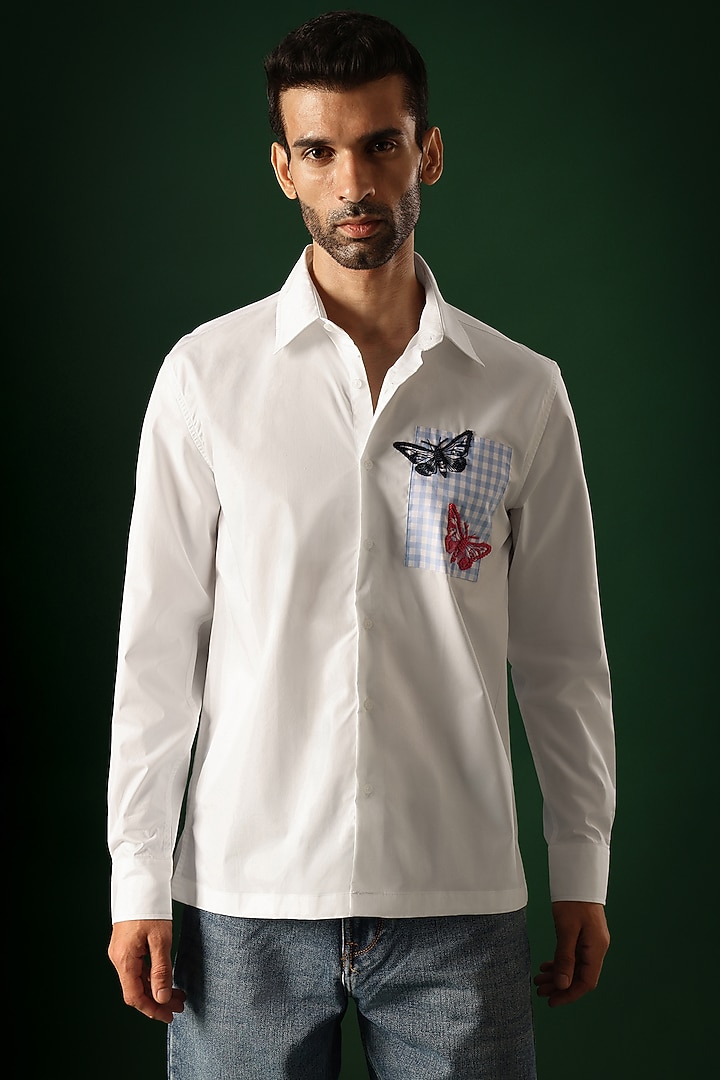 White Poplin & Cotton Hand Embroidered Party Wear Shirt by Komal Kothari at Pernia's Pop Up Shop