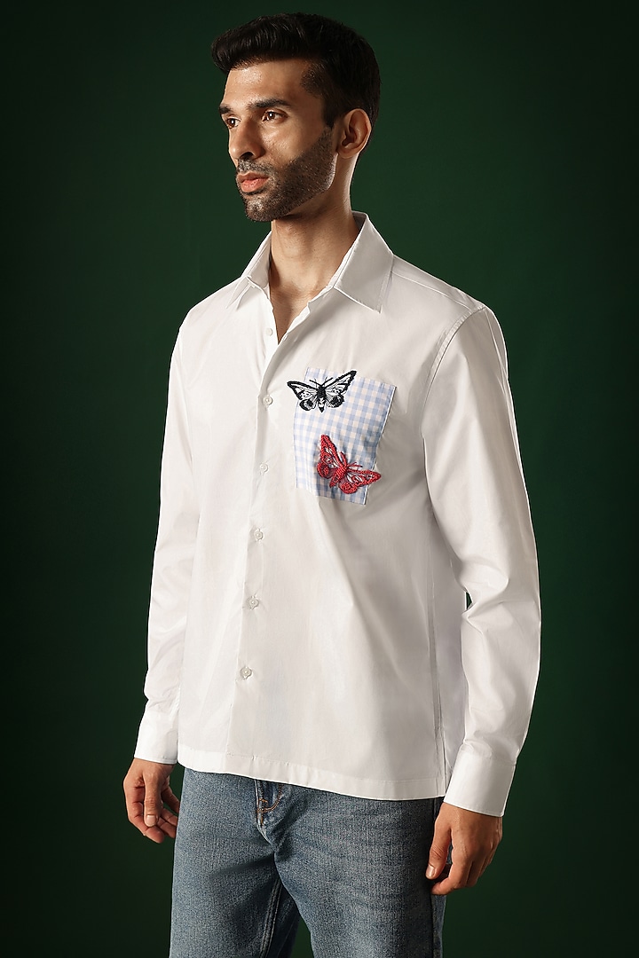 White Poplin & Cotton Hand Embroidered Party Wear Shirt by Komal Kothari at Pernia's Pop Up Shop